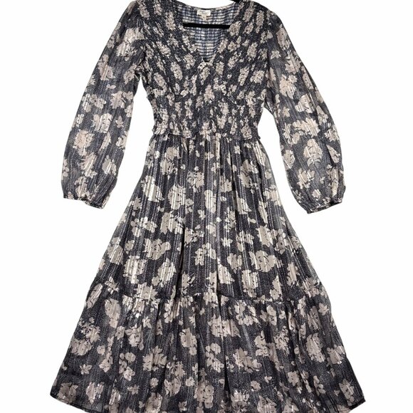 Dizzy Lizzy Black Floral Midi Dress Sz L Smocked Empire Waist Long Sleeve NWOT - Picture 5 of 14